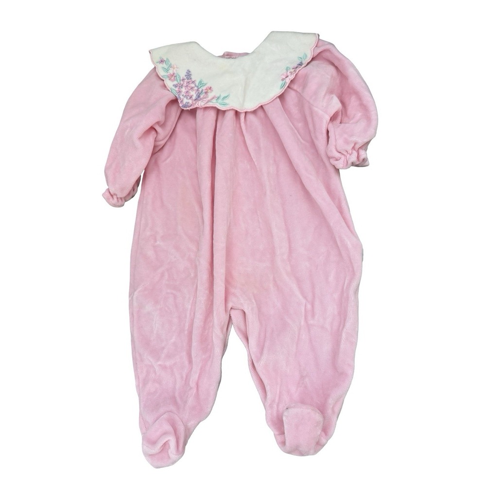 Vintage Little Me Pink Velour one piece size 9 months embroidered flowers USA ma